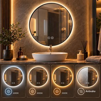 Kibath Espejo Led Moo 20w Redondo Pefil Negro De 80 Cm Espejo 6000k