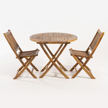 Conjunto De Exterior, Mesa Redonda 90 Cm Y 2 Sillas Plegables, Madera Teca Grado A, Tratamiento Al Agua Aplicado, Juego De Comedor De Teka, Set Sillas Y Mesa De Teka, Set Terraza