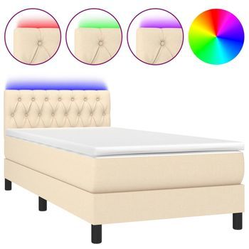 Cama Para Adulto | Cama Individual | Cama Box Spring Colchón Y Luces Led Tela Crema 100x200 Cm