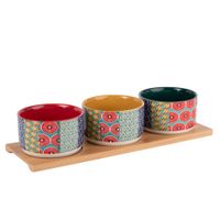 bandeja de aperitivos de bambu con 3 cuencos de ceramica con estampado
