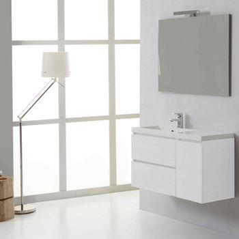 Mueble De Baño Suspendido 90cm 2 Cajones 1 Puerta Blanco Foresta, Lavabo Con Lavabo A La Izquierda, Espejo 90x70 | Manhattan