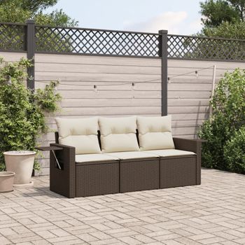 Conjunto Sofás De Jardín 3 Uds | Mueble Jardin Mesa Y Sillas Y Cojines Ratán Sintético Marrón Cfw487263