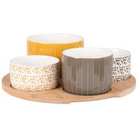 set de 4 cuencos aperitivo ceramica grisblancoamarillo y plato bambu