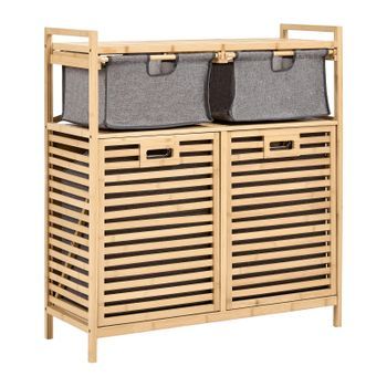 Armario De Baño De Bambú Con Puerta Abatible Para La Colada Con 2 Estantes Y Cajas Estilo Escandinavo Marrón Claro Cejar