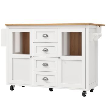 Isla De Cocina Blanca Con Ruedas, 137,9 × 73 × 92,5 Cm, Mesa Abatible Y Almacenaje