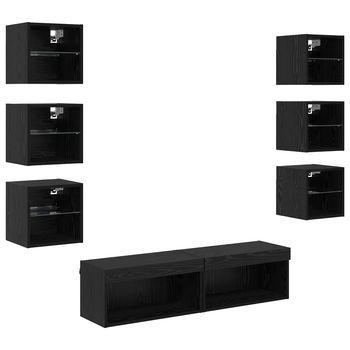 Mueble De Tv Con Tira De Luces Led 8 Uds | Mueble De Salón | Gabinete De Tv Roble Negro Cristal