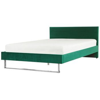 Cama Doble Tapizada En Terciopelo Verde 180 X 200 Cm Con Cabecero Patas Doradas Estilo Glam Bellou