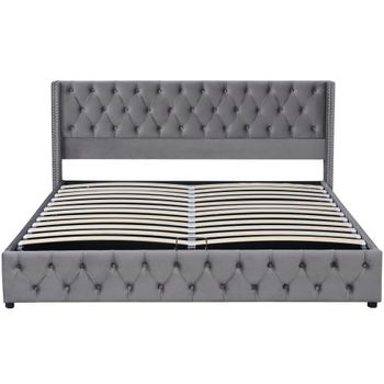Cama Contenedor De Terciopelo Con Somier De Láminas 180x200 Cm - Gris
