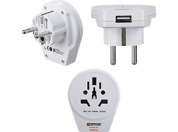 Adaptador de viaje - World to Europe Hama, 1 entradas USB, 250 V, Compatible con hasta 200 países, Blanco
