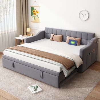 Cama Sofá Acolchada 2 En 1 Multifuncional 90x180 Cm, Terciopelo Gris, Con Toma Usb Y Bolsillo De Almacenamiento