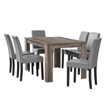 Mesa De Comedor + 6 Sillas Forssa Mdf Y Polipiel 140x90x77cm - Roble Antiguo + Gris Claro [en.casa]