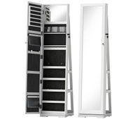 homcom espejo joyero de pie armario para joyas giratorio 360 armario joyero con cerradura llaves estantes posteriores y espejo pequeno incorporado blanco veteado y forro negro