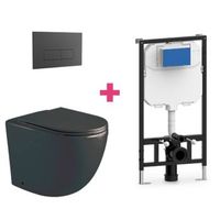 pack inodoro suspendido ceramica genova negro mate con cisterna y pulsador negro rectangular