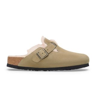Birkenstock para mujer. 1028299 Zuecos de Piel Boston Shearling (Ajuste Estrecho) beige (36), Plano, Ante, Ninguno, Casual