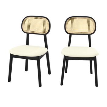 Set de 2 sillas en madera negra, tela beige y ratán