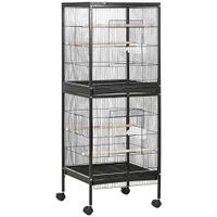 pawhut jaula para pajaros de 2 niveles con ruedas bandejas extraibles puertas comederos perchas 515x50x140 cm negro