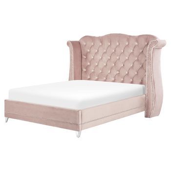 Cama Con Somier De Terciopelo Rosa Pastel 180 X 200 Cm Listones Cabecero Capitoné Ayette