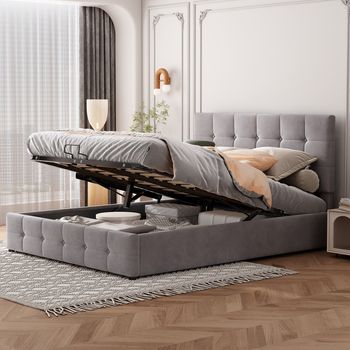 Cama Doble Acolchada 140x200 Cm Terciopelo Gris Con Almacenamiento Hidráulico, Cabecero Ajustable Y Somier Metálico.