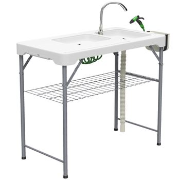 Outsunny Mesa Plegable para Camping con 2 Fregaderos Manguera de Drenaje Estación de Limpieza y Grifo Blanco