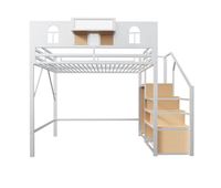 cama alta metalica 140x200 - con escalera de almacenamiento ventana madera y tejido estructura estable - blanco