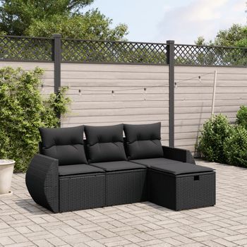 Conjunto De Sofás Jardín 4 Uds | Mueble Jardin Mesa Y Sillas Con Cojines Ratán Sintético Negro Cfw934411