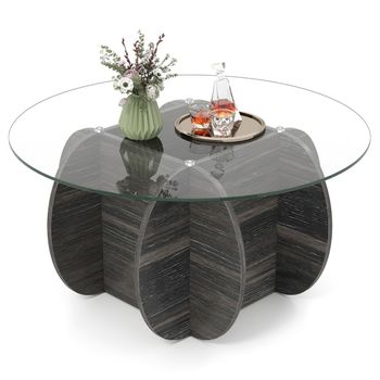 Costway Mesa de Centro Redonda Mesa de Acento Moderna con Tapa de Vidrio Templado y Base de Madera Maciza Mesa Central Única Negro