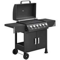 outsunny barbacoa de gas con 6 quemadores 15 kw termometro parrilla mesas laterales armario y ruedas 135x51x101 cm negro