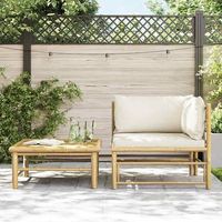 conjunto de muebles de jardin 2 uds  mesa y sillas bambu y cojines blanco crema