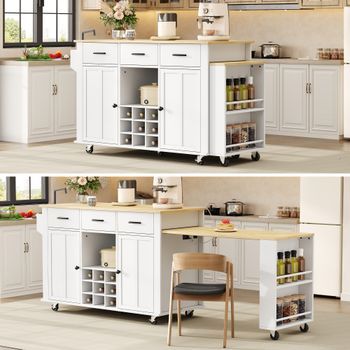 Isla De Cocina Móvil Blanca Con Efecto Madera Y Encimera Extensible, 136–223 X 50 X 93 Cm
