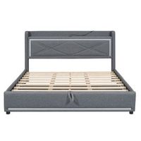 cama con canape de 160x200cm en tela de lino con led y puertos usb gris