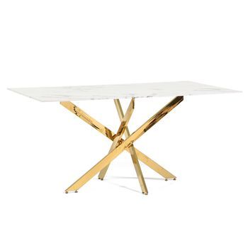 Mesa De Interior 160x90 Cm Con Tablero De Vidrio Y Patas De Metal Mármol Blanco/oro - Morgan