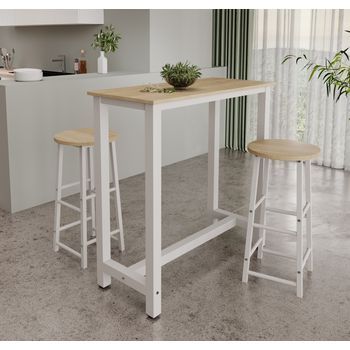 Mesa Alta Con 2 Taburetes | Patas Metal | 100x100x40cm | Barra Cocina | Modelo Ani | Blanco Y Sonoma