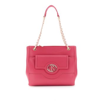 bolso shopping con accesorio de esmalte ovalado y cadena roscada hot pink