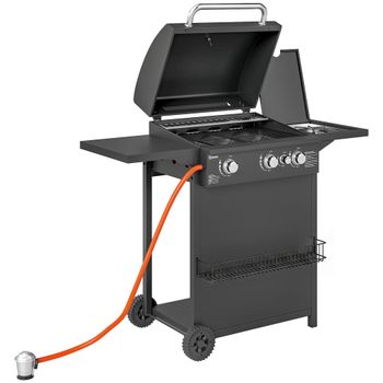 Outsunny Barbacoa de Gas con 3 Quemadores Parrilla para 5-9 Personas Quemador Lateral Termómetro y Ruedas 123x57x98 cm Negro