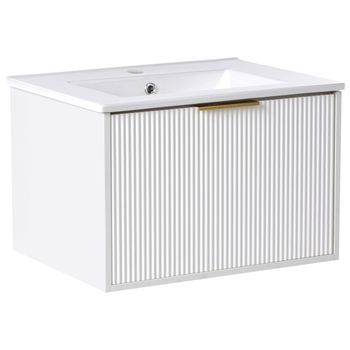 Mueble De Baño Suspendido Con Lavabo De Madera Sintética Almacenaje 60 Cm Blanco Con Tirador Dorado Tilcara