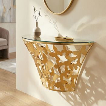Consola suspendida de metal dorado con mariposas 120x40,5x37,2 cm