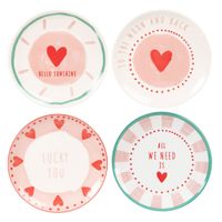 set de 4 platos de porcelana blanca verde rosa y roja