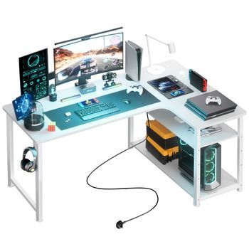 Comhoma Escritorio Gaming En Forma De L Con Estante, Puerto Usb Y Enchufe, Mesa De Ordenador De 120 Cm Para Oficina O Estudio En Casa, Blanco