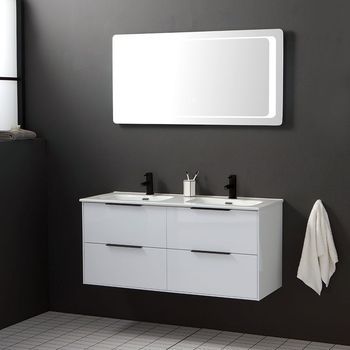 Mueble De Baño Suspendido 120 Cm Blanco Brillante Con Espejo Led | Parigi