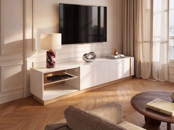 Mueble bajo de tv madera color natural claro, blanco