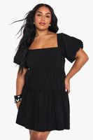 vestido plus holgado escalonado con mangas super abullonadas negro