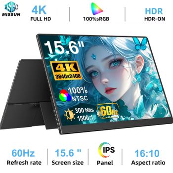 Monitor Portátil MISSUN 4K de 15.6 Pulgadas, Pantalla IPS 16:10, Tipo-C, Mini HDMI, Segunda Pantalla para MAC/Laptop/PC/Xbox/PS4/5/Switch, Z1RC