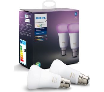 PHILIPS Hue White & Colour Ambiance Bluetooth LED Bulb - B22, Twin Pack, White