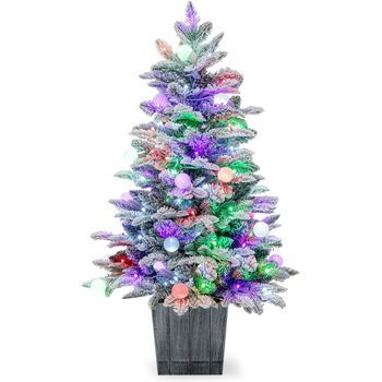 Arbol De Navidad Nevado Con Luces 100 Cm, Costway 80 Luces Led Coloridas, 20 Luces Globulares