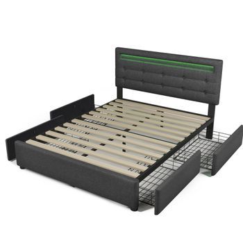 Cama De 140x200 Cm Con Iluminación Led Y 4 Cajones, Cabecera Regulable En Altura, Estructura Resistente De Madera, Color Gris, Capacidad Máxima 272 Kg, Sin Colchón