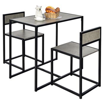 Costway Set con Mesa Compacta y 2 Sillas con Estructura de Metal para Pequeños Espacios Cocina Comedor Bistró Gris