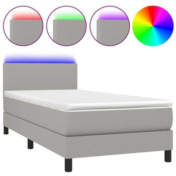 Cama Individual | Cama Para Adultos | Cama Box Spring Con Colchón Tela Y Led Gris Claro 80x200 Cm