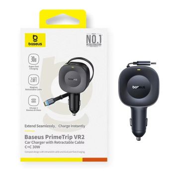 Cargador de coche Baseus PrimeTrip VR2 de 30 W con 2 puertos USB. Viene con cable retráctil Type-C. Carga rápida,rotació