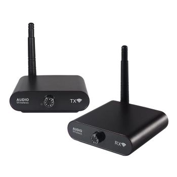 Transmisor y receptor de audio inalámbrico AU2410 con baja latencia de 15 ms, rango de 100 m, sonido estéreo Hi-Fi, sopo