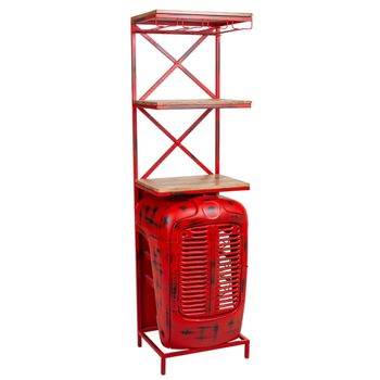 Estante botellero tractor de madera y metal lacado rojo